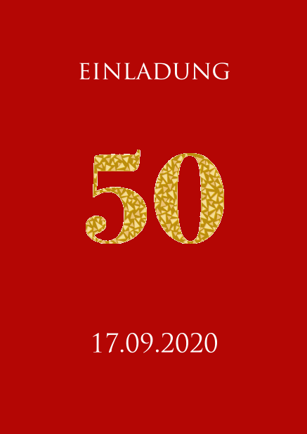 Einladungskarte zum 50. Jahrestag in verschiedenen Farbtönen mit animierender Zahl 50 aus goldenen Mosaiksteinen. Rot.