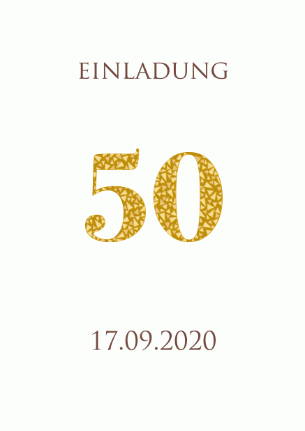Einladungskarte zum 50. Jahrestag in verschiedenen Farbtönen mit animierender Zahl 50 aus goldenen Mosaiksteinen. Weiss.