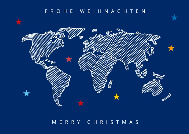 Online Weihnachtskarte auf blauen Hintergrund mit Weltkarte und Frohe Weihnachten Text.