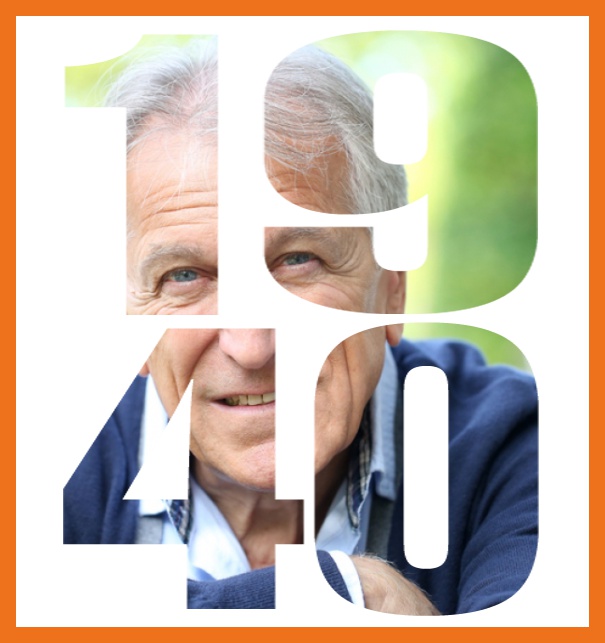 Born in 1940 large - Orange - 80th Birthday Online invitation card with cut out 1940 for own photo, great for 80th Birthday invitations Orange.