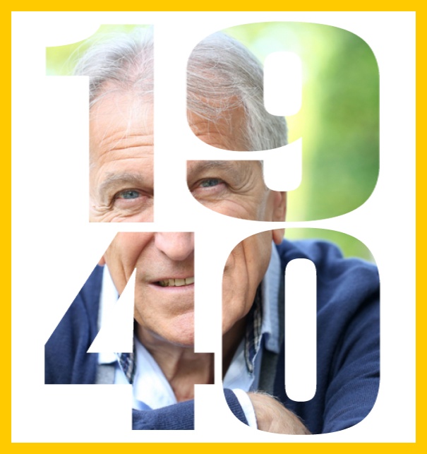 Born in 1940 large - Yellow - 80th Birthday Online invitation card with cut out 1940 for own photo, great for 80th Birthday invitations Yellow.