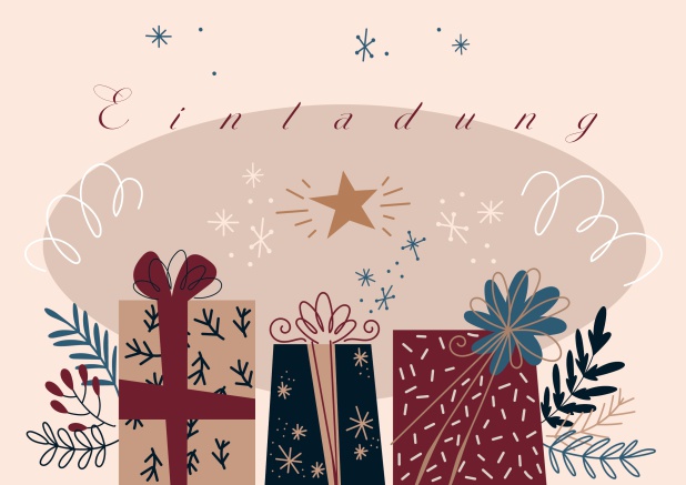 Online Weihnachtsfeier Einladungskarte mit bunten Weihnachtsgeschenken