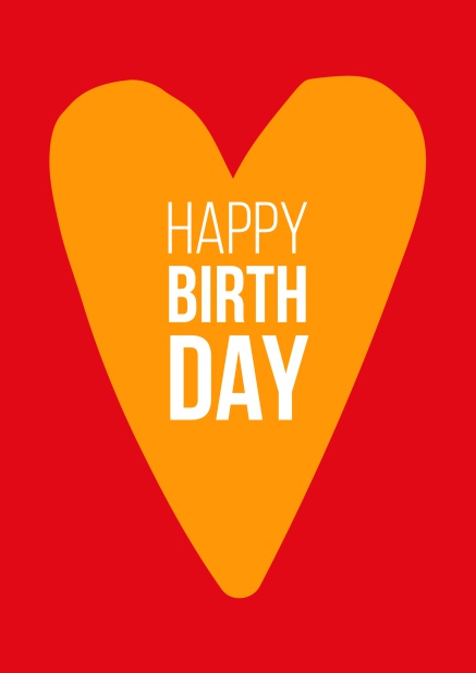 Rote Online Geburtstagskarte mit orangenem Herz und Happy Birthday Text.