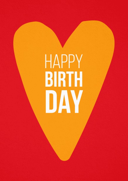 Rote Geburtstagskarte mit orangenem Herz und Happy Birthday Text.