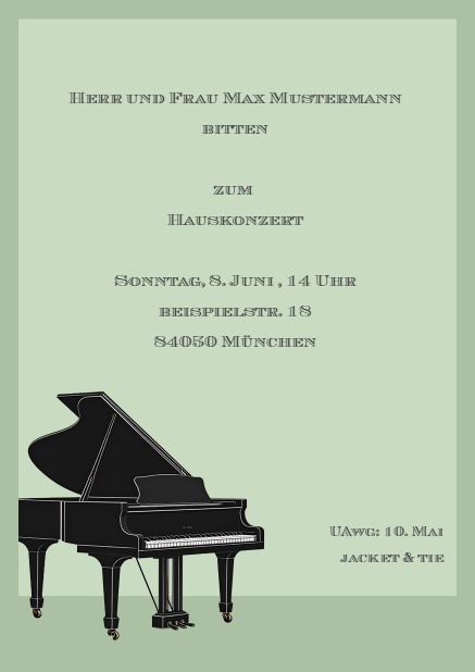 Online Einladungskarte mit Klavier Grün.