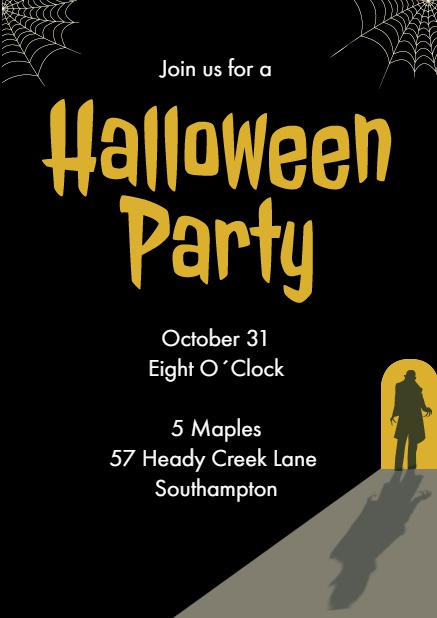 Halloween online invitation card with scary man at the door Black.