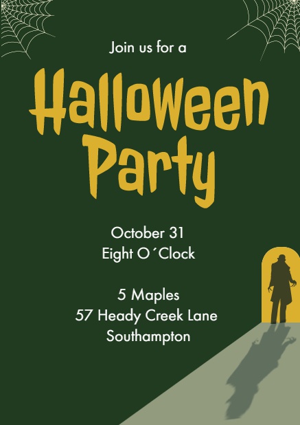 Halloween online invitation card with scary man at the door Green.