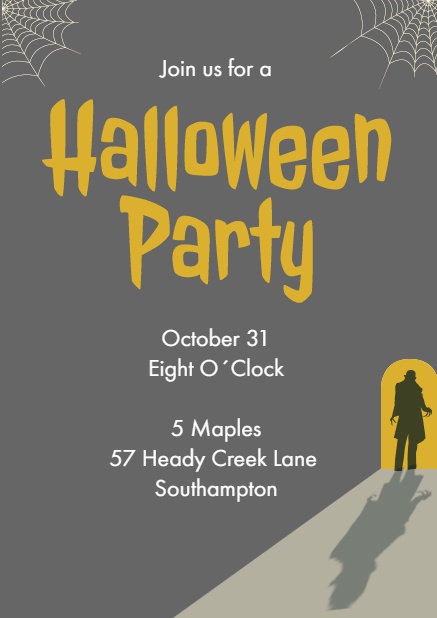 Halloween online invitation card with scary man at the door Grey.