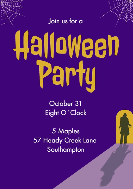 Halloween online invitation card with scary man at the door Navy.