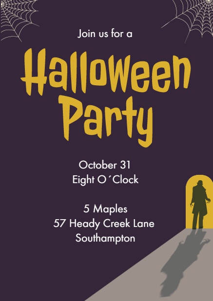 Halloween online invitation card with scary man at the door Purple.