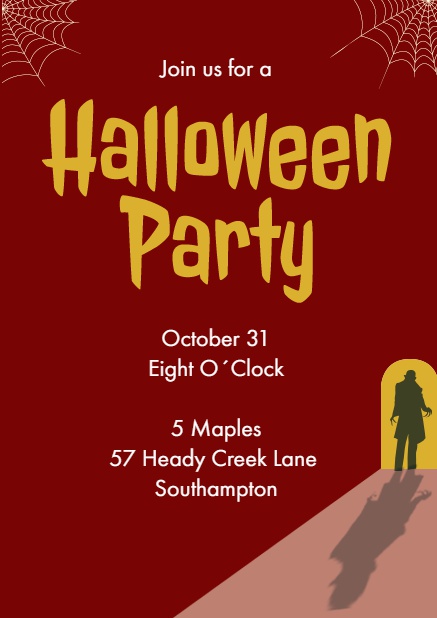 Halloween online invitation card with scary man at the door Red.