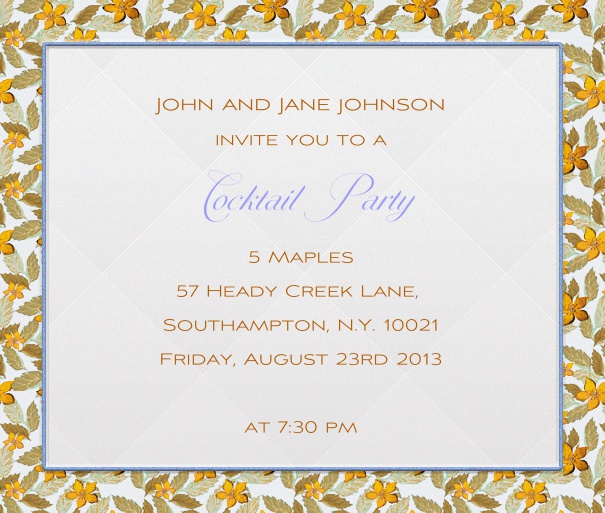 Weisse Sommer Einladungskarte in Quadratformat mit Blumenramen auf weissem Hintergrund abgegrenzt mit grauem Rand.