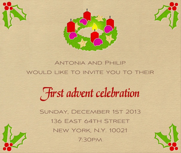 Beige Adventszeit Quadratformat Einladungskarte mit modernem Adventskranz mit Vier Kerzen, eine davon brennend. Inklusive gestalteter passender Text in braunen Farben.