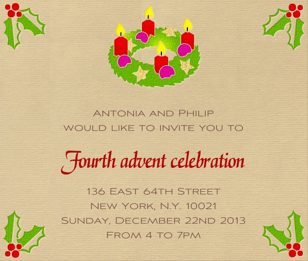 Beige Adventszeit Quadratformat Einladungskarte mit modernem Adventskranz mit Vier Kerzen, vier davon brennend. Inklusive gestalteter passender Text in braunen Farben.