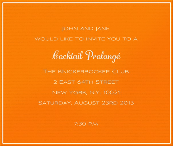 Square Orange Neon Cocktail Party Invitation Design with thin white border.