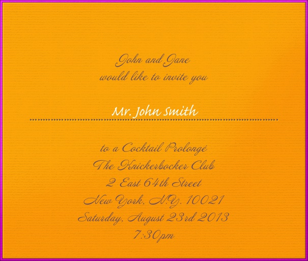 Square Orange Neon Party Invitation Design with Purple Border.