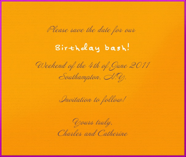 Orange Neon save the date Karte in Quadratformat mit lilanem Rahmen.