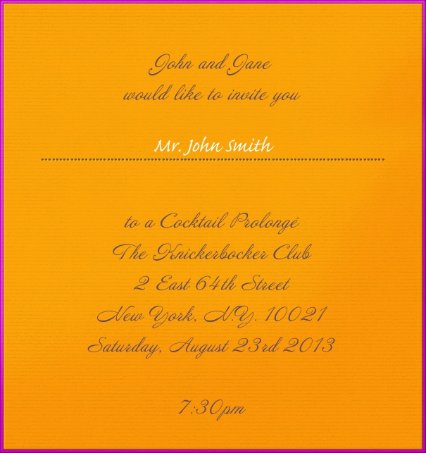 Orange Neon Einladungskarte in Hochkantformat mit Lila Rahmen inklusive gestrichelter Linie unter dem Empfängernamen für die persönliche Anrede.