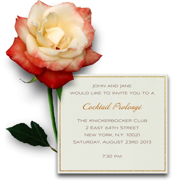Online Blumen Einladungskarte in weiss mit goldenem Rahmen und digitaler Version einer echten grossen rot weissen Rose an der linken oberen Seite.