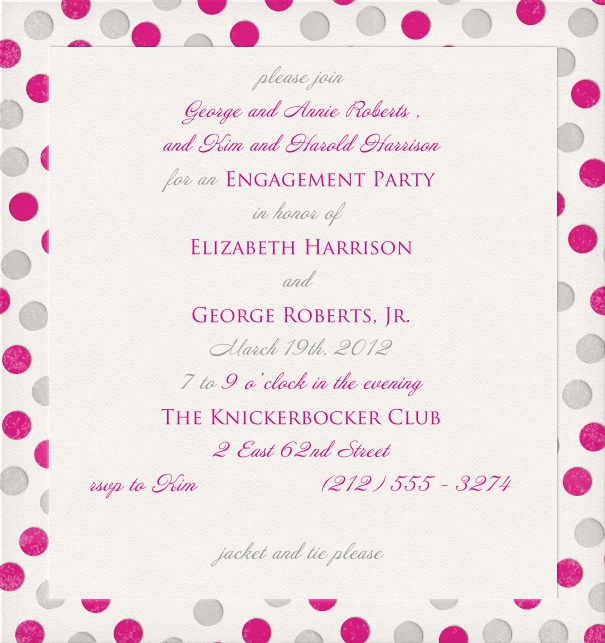 White Wedding or Engagement Invitation with grey and pink polka dot border.