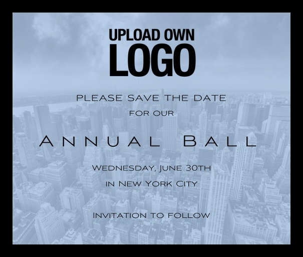 Online Save the Date template for corporate events with city landscape background and text box in the middle with space for own logo.