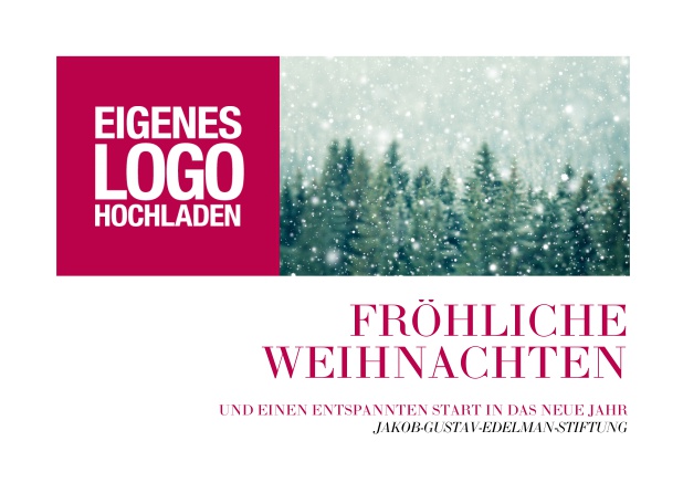 Firmenweihnachtskarte mit Fotofeld, Firmenlogo Option auf rotem Hintergrund.