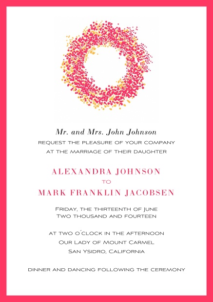Elegante Einladungskarte zur Hochzeit mit rotem Rahmen und Kranz, geeignet für Online und Papier.