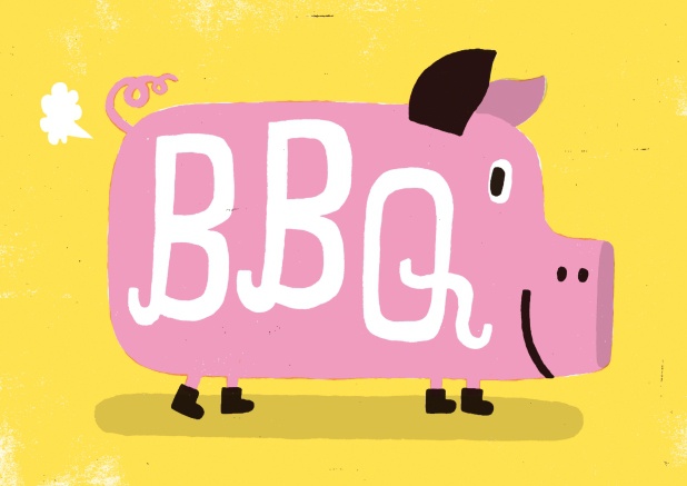 Yellow online card with pig and the slogan "BBQ".