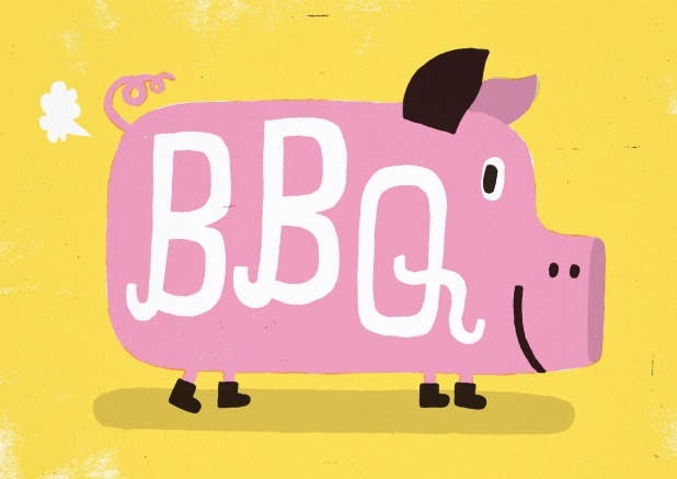 Gelbe Karte mit rosafarbenem Schwein und dem Wort "BBQ".