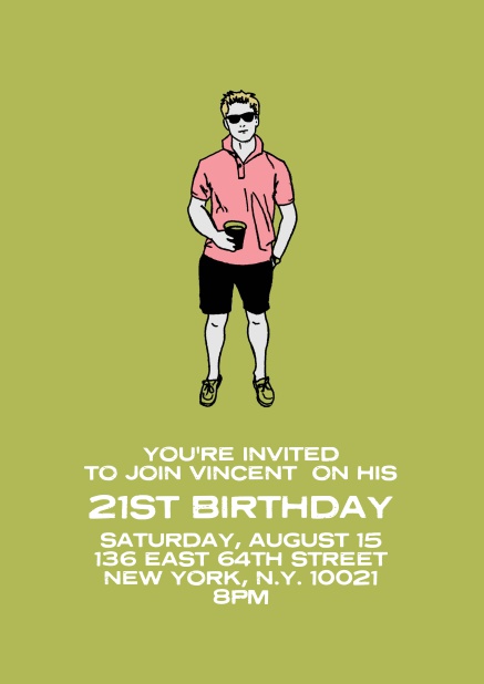 Online invitation with cool man for 21st birthday.