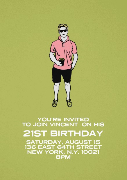 Invitation with cool man for 21st birthday.