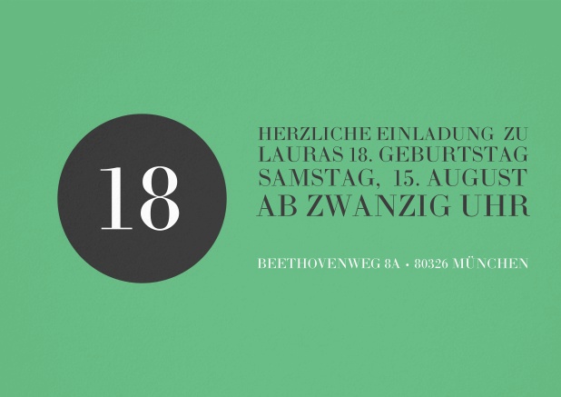 Einladung in grün mit schwarzem Kreis zum 18. Geburtstag.