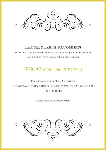 Online Einladung mit Ornamenten oben und unten zum 70. Geburtstag.