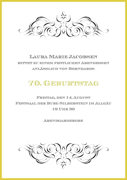 Ornamente zum 70. - 70. Geburtstag Online Einladung mit Ornamenten oben und unten zum 70. Geburtstag.