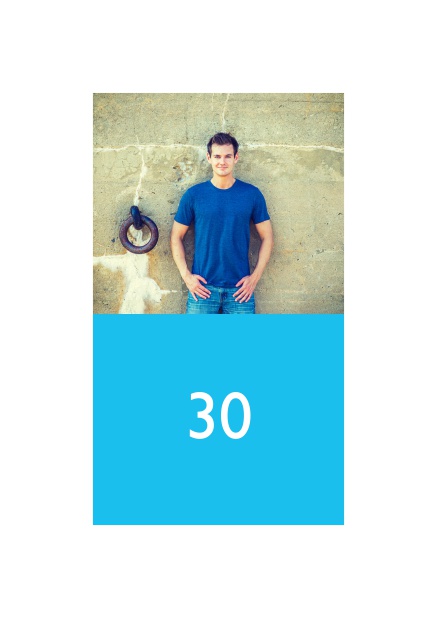 Online photo invitation for a 30th Birthday party with text field. Blue.