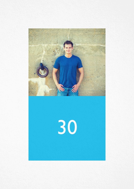 Photo invitation for a 30th Birthday party with text field. Blue.