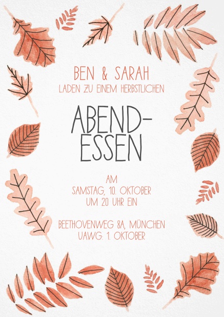 Herbstliche Einladungskarten mit braunen Blättern und editierbarem Text.