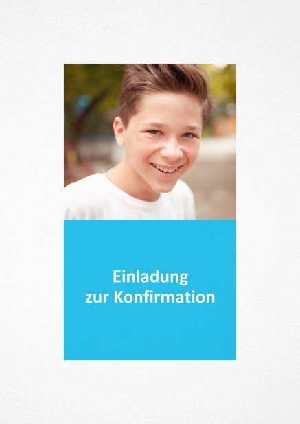 Einladungskarte zur Konfirmation mit Foto und Textfeld in verschiedene Farben. Blau.