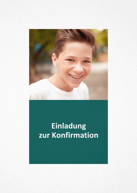 Einladungskarte zur Konfirmation mit Foto und Textfeld in verschiedene Farben. Grün.