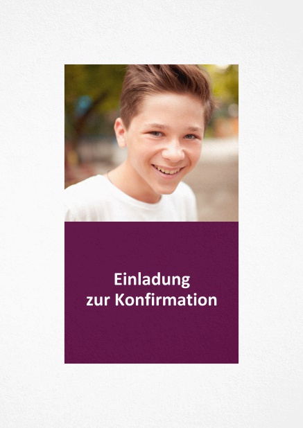 Einladungskarte zur Konfirmation mit Foto und Textfeld in verschiedene Farben. Lila.