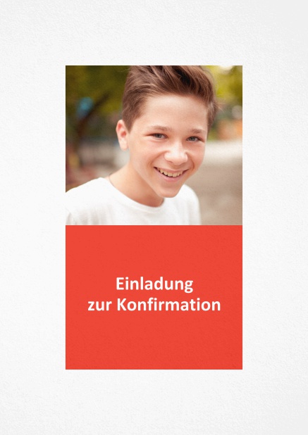 Einladungskarte zur Konfirmation mit Foto und Textfeld in verschiedene Farben. Rot.