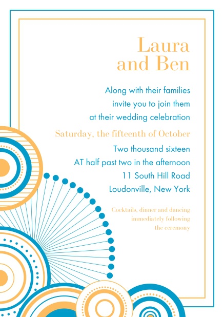 Modern online invitation card with colorful frame and circles.
