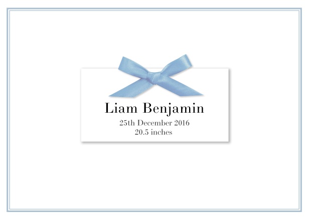 Online  Birth announcement with PRINTED blue ribbon and matching blue line frame and photo inside left.