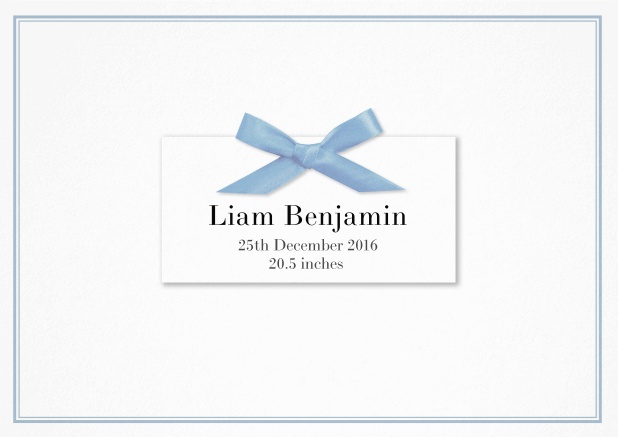 Paper Birth announcement with PRINTED blue ribbon and matching blue double line frame and photo inside left.