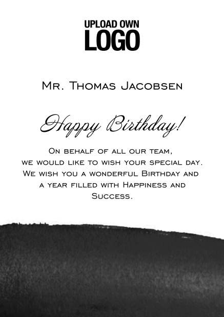 Online Corporate Birthday greeting card with artistic blue area at the bottom. Black.