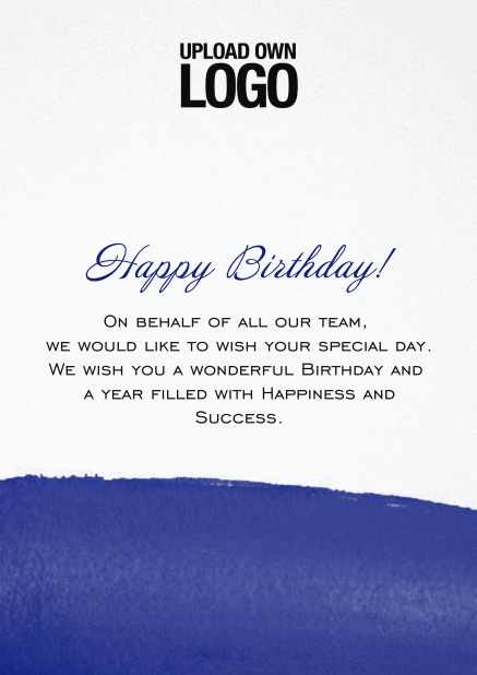 Corporate Birthday greeting card with artistic blue area at the bottom. Blue.