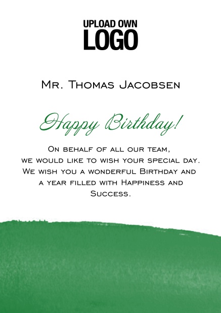 Online Corporate Birthday greeting card with artistic blue area at the bottom. Green.