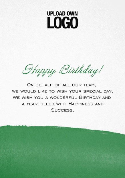 Corporate Birthday greeting card with artistic blue area at the bottom. Green.