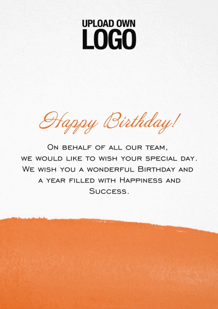 Corporate Birthday greeting card with artistic blue area at the bottom. Orange.