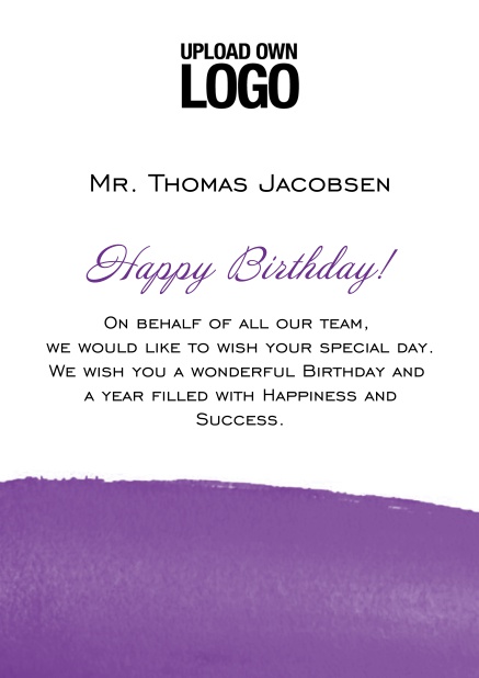 Online Corporate Birthday greeting card with artistic blue area at the bottom. Purple.